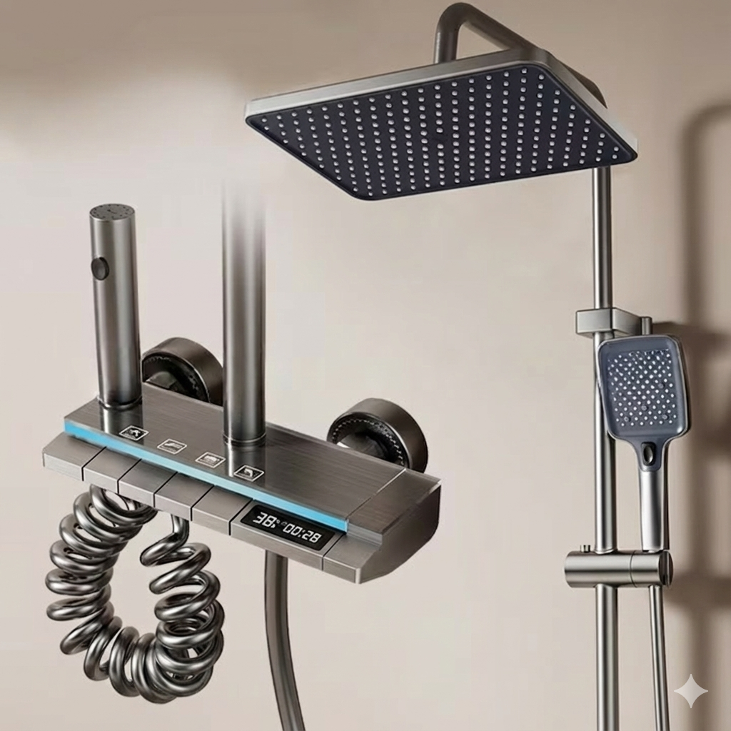 Set de Duș Digital cu Termostat și LED, Afișaj Digital al Temperaturii, 4 Funcții de Curgere, Duș Ploaie + Bideu, Robinet și Coloană de Cupru si Alamă, Montaj pe Perete, Finisaj Gri Grafit Premium