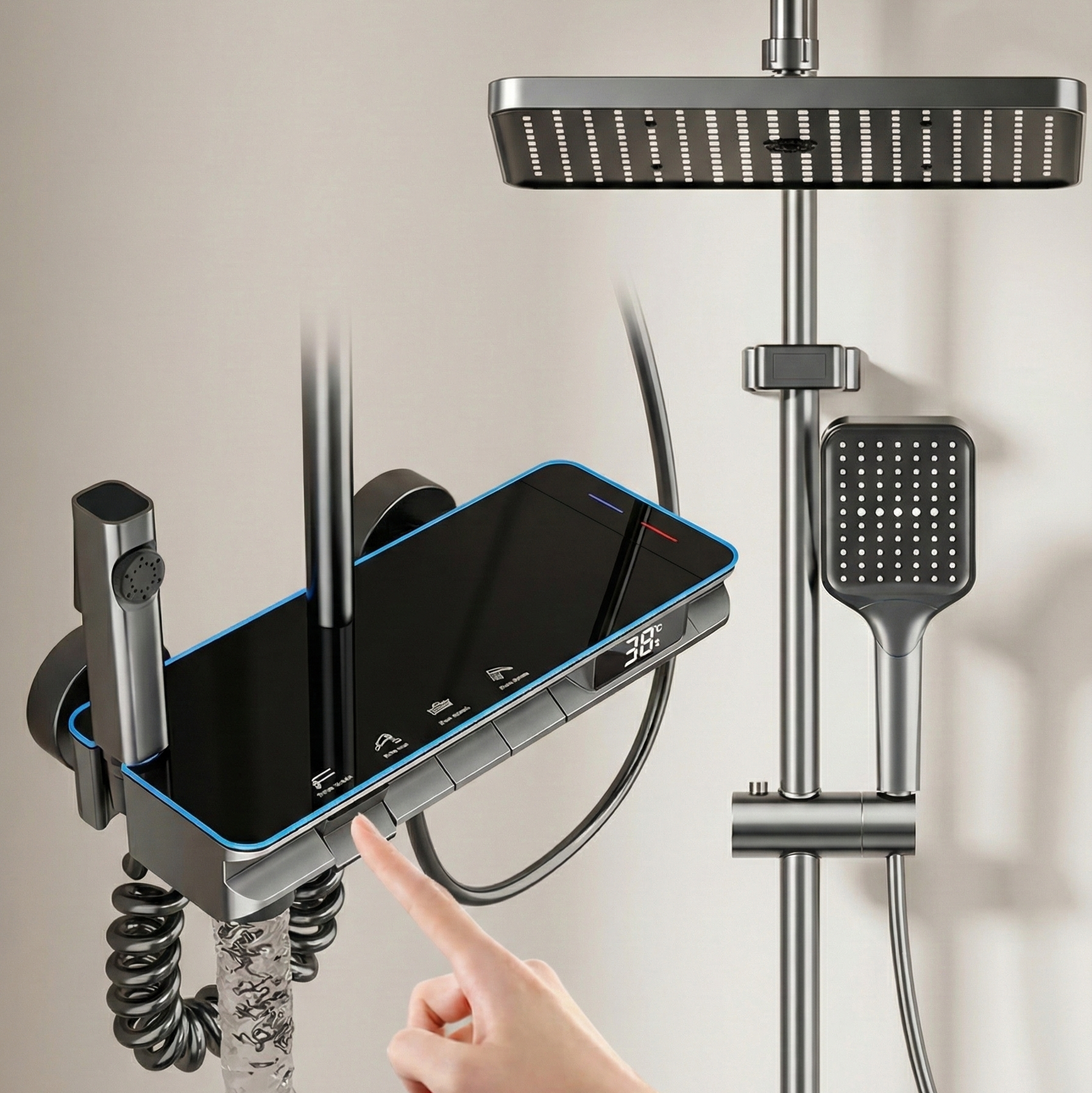 Set de Duș Smart, Termostatică cu Afișaj LED, 4 Moduri Jet, Rotire 360°, Fără Conectare Electrică