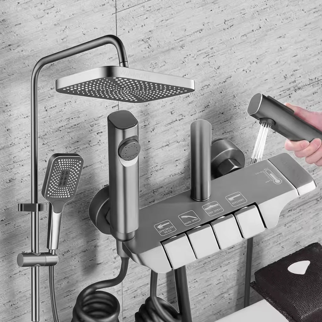 Set de duș premium 4 în 1, finisaj inox lucios, mixer termostatic, design modern