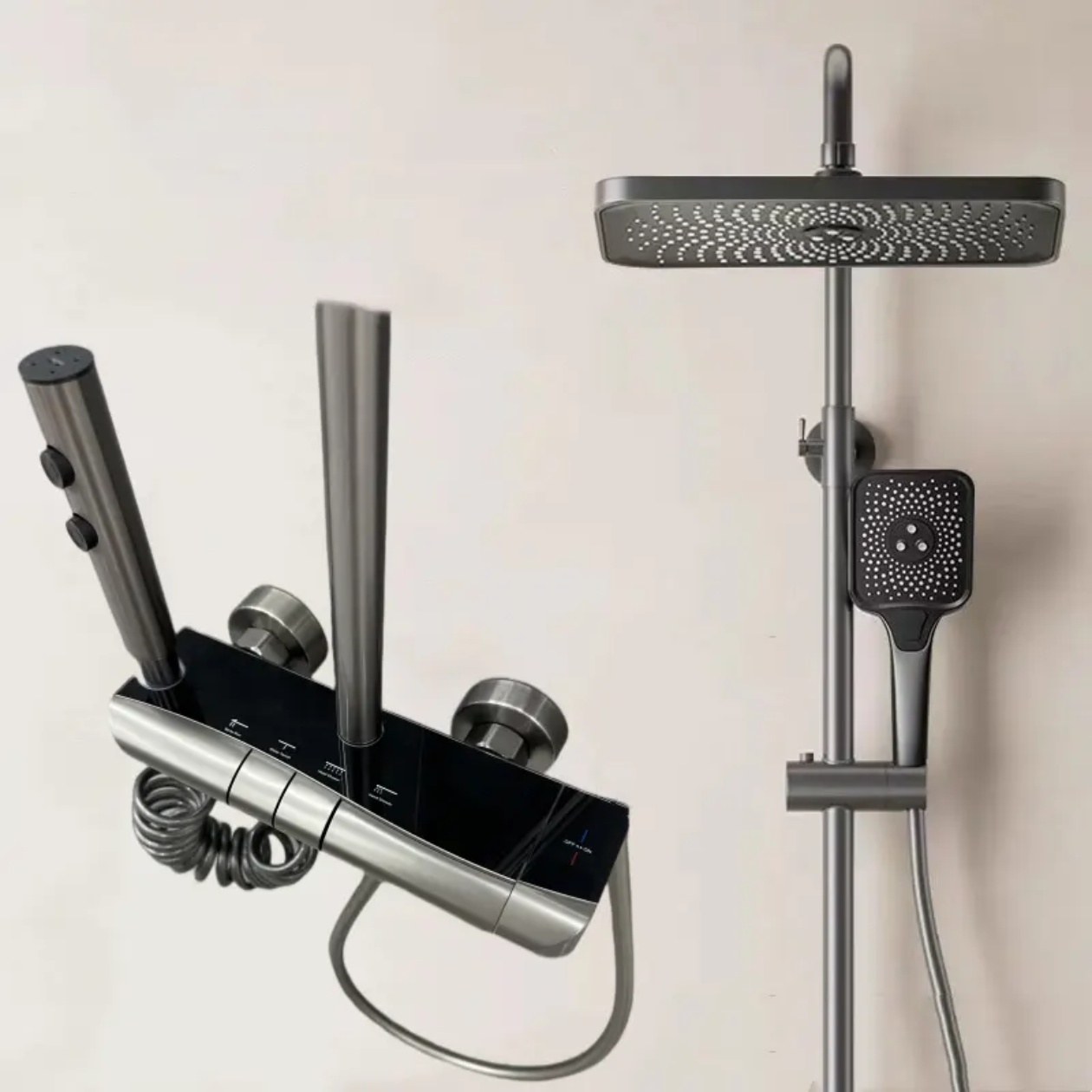 Set de duș digital 4 în 1 termostatic din aluminiu premium – finisaj negru mat / gri metalic, cap pătrat tip ploaie, design modern, montaj pe perete