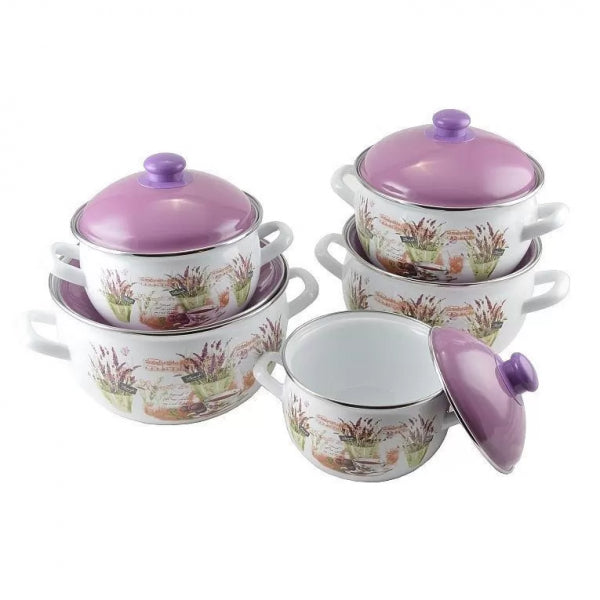 Set 5 oale emailate cu capace Savasan 2.2–6 L – model Lavandă
