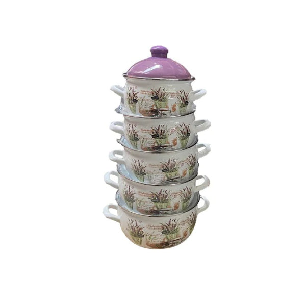 Set 5 oale emailate cu capace Savasan 2.2–6 L – model Lavandă