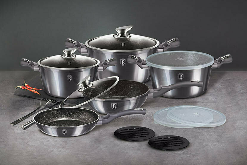 Set oale și tigăi marmorate cu capace și ustensile, 18 piese Berlinger Haus BH-6887 Carbon Pro Edition