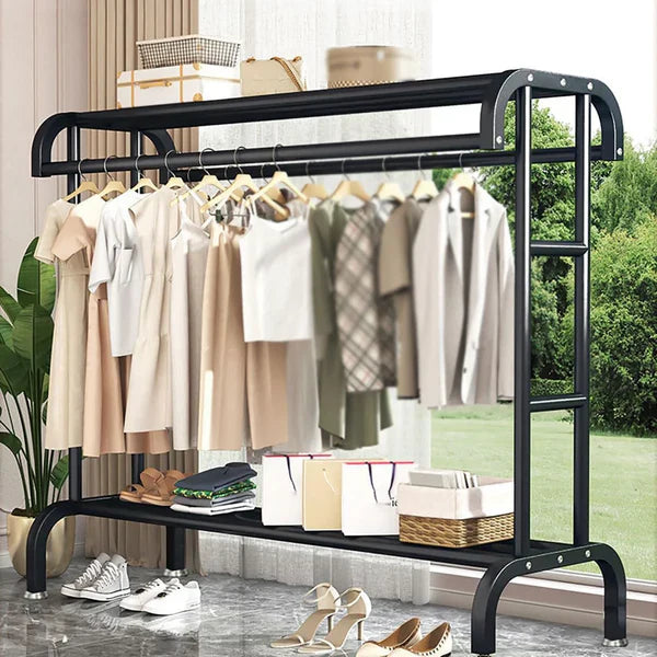 Suport Metalic pentru Haine Tip Stender cu Bara Dubla si Raft Pantofi, Organizator Garderoba, 150 cm, Negru