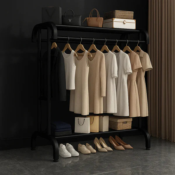 Suport Metalic pentru Haine Tip Stender cu Bara Dubla si Raft Pantofi, Organizator Garderoba, 150 cm, Negru