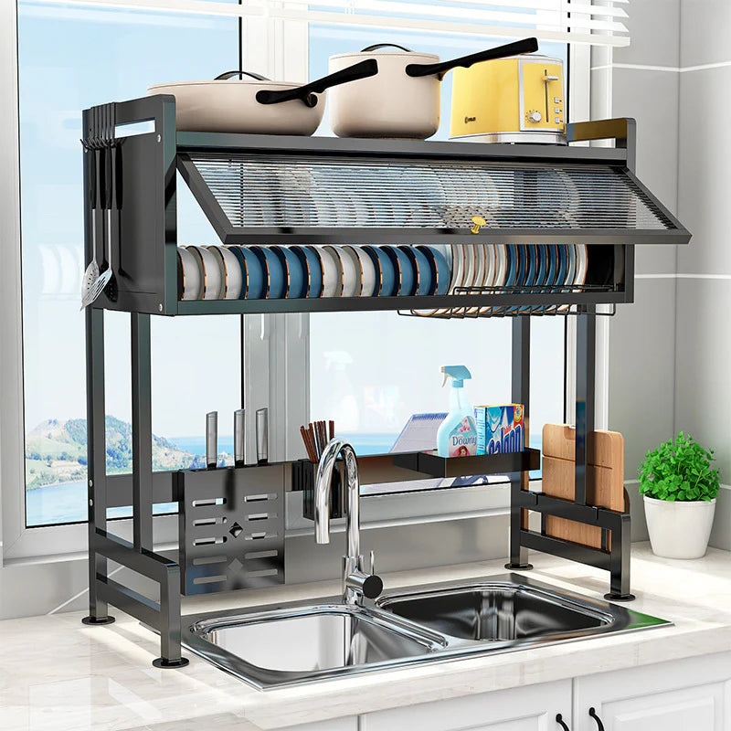 Suport de Vase Etajat Metalic, Multifunctional, cu Scurgator si Suport Tacamuri, Negru