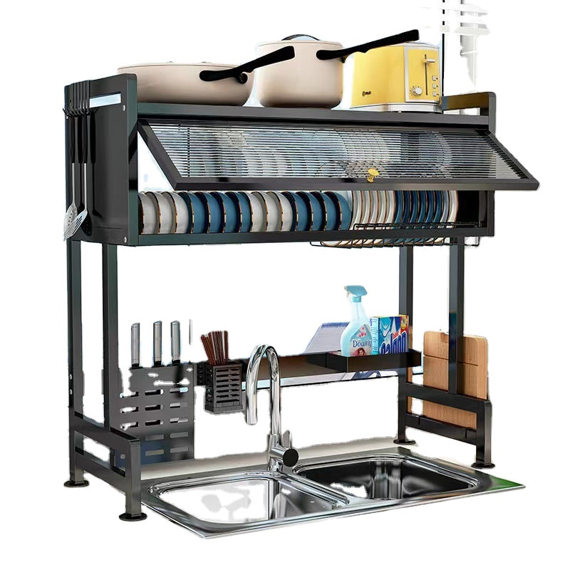 Suport de Vase Etajat Metalic, Multifunctional, cu Scurgator si Suport Tacamuri, Negru