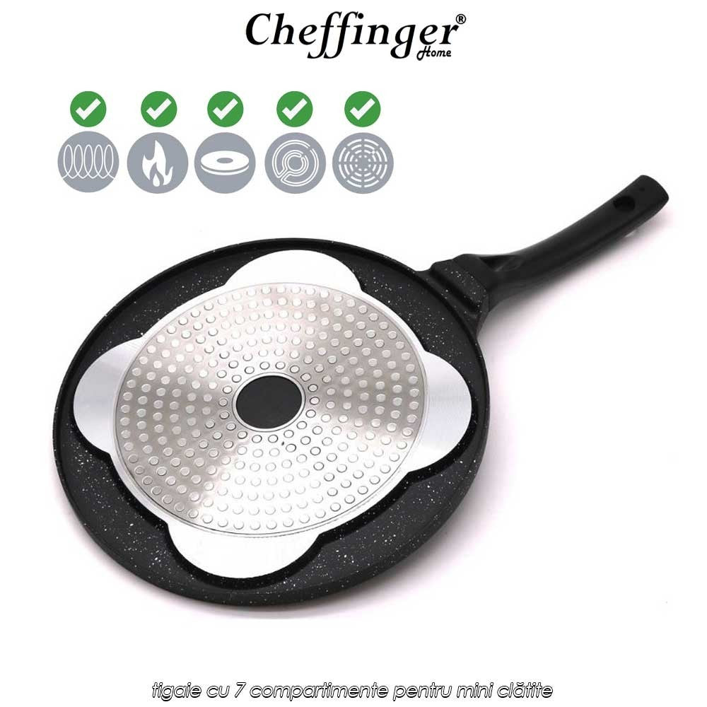 Tigaie Clatite Cheffinger Home CP7, 26 cm, 7 Cavitati, Aluminiu, Invelis Ceramic Antiaderent Marmorat, Compatibila Inductie