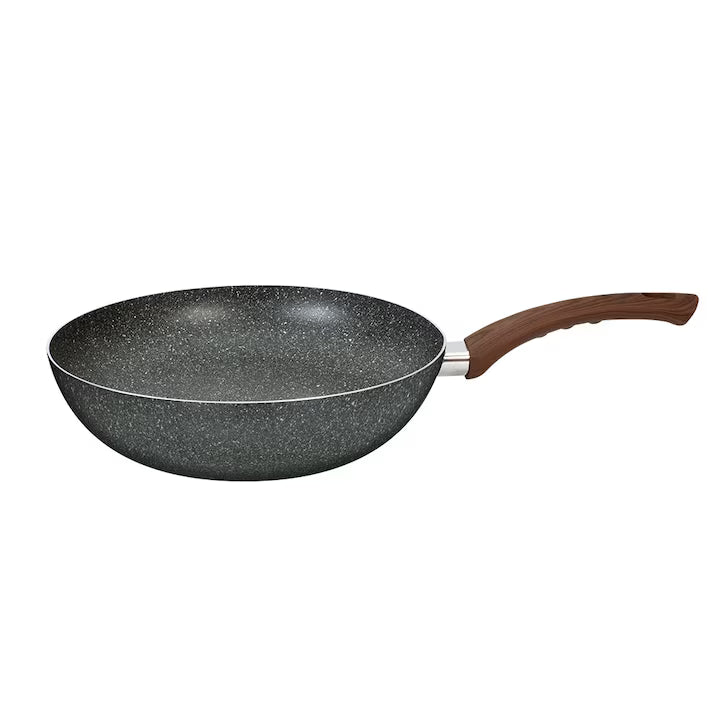 Tigaie Wok cu Capac, 28 cm, 3.2L, Aluminiu cu Strat de Marmură, Gri Închis – Antiaderentă, pentru Plite pe Gaz