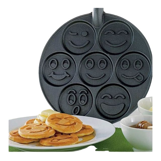 Tigaie Clatite 26 cm cu 7 Cavitati Smileys (Fețe Zâmbitoare), Strat Granit Antiaderent, Neagra, Compatibila Gaz si Electric