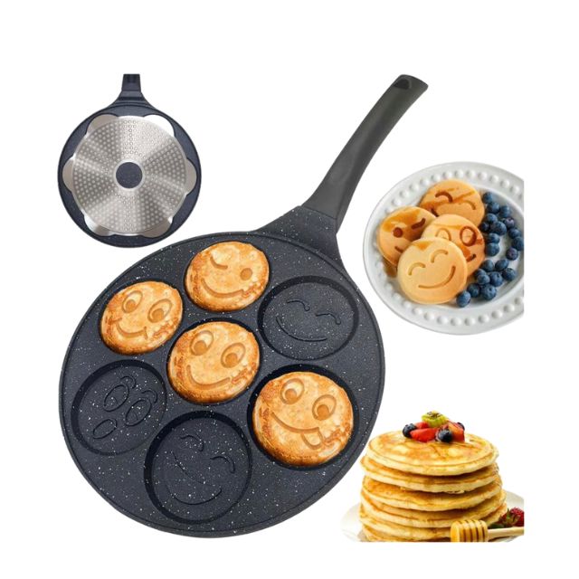 Tigaie Clatite 26 cm cu 7 Cavitati Smileys (Fețe Zâmbitoare), Strat Granit Antiaderent, Neagra, Compatibila Gaz si Electric