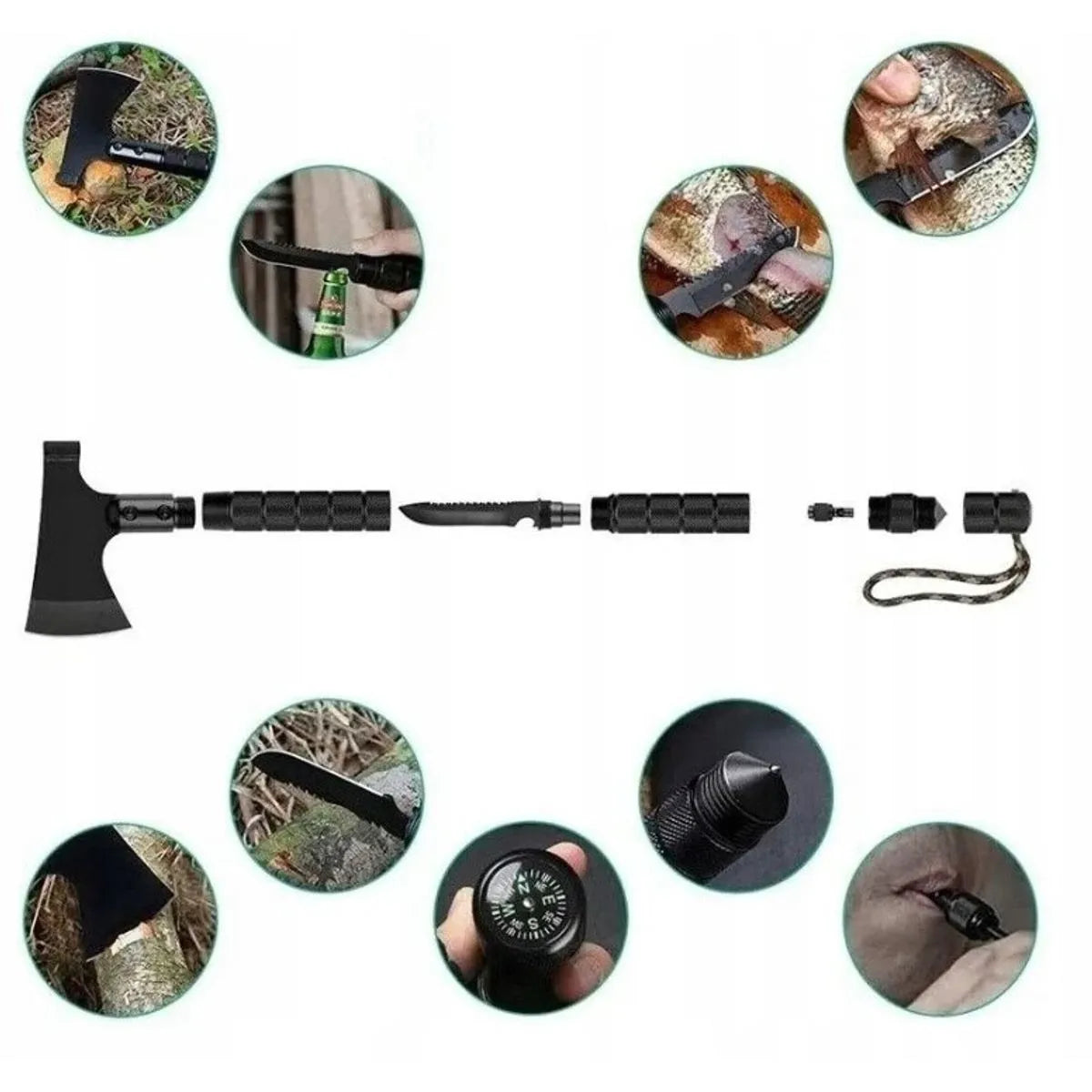 Topor Multifuncțional 6 în 1 pentru Supraviețuire, 43.5 cm, cu Cuțit, Amnar, Fluier și Busolă