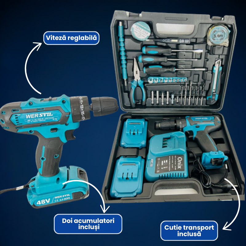 Bormașină / Autofiletantă cu Percuție, Fără Fir, 48V, cu 2 Acumulatori și Trusă de 36 Accesorii