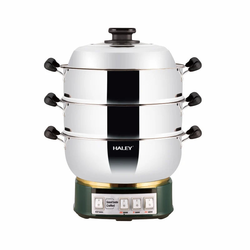 Vas Electric Multifuncțional HALEY HY-501, 2100W, Inox Premium cu Abur pe Două Nivele, Ideal pentru Gătit Sănătos Acasă sau la Hotel