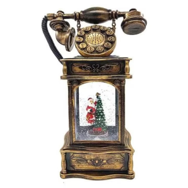 Decorațiune Luminoasă Telefon Antic de Crăciun, Muzicală, LED, Efect Ninsoare, Scenă cu Om de Zăpadă, USB & Baterii, Maro Bronz – Razo