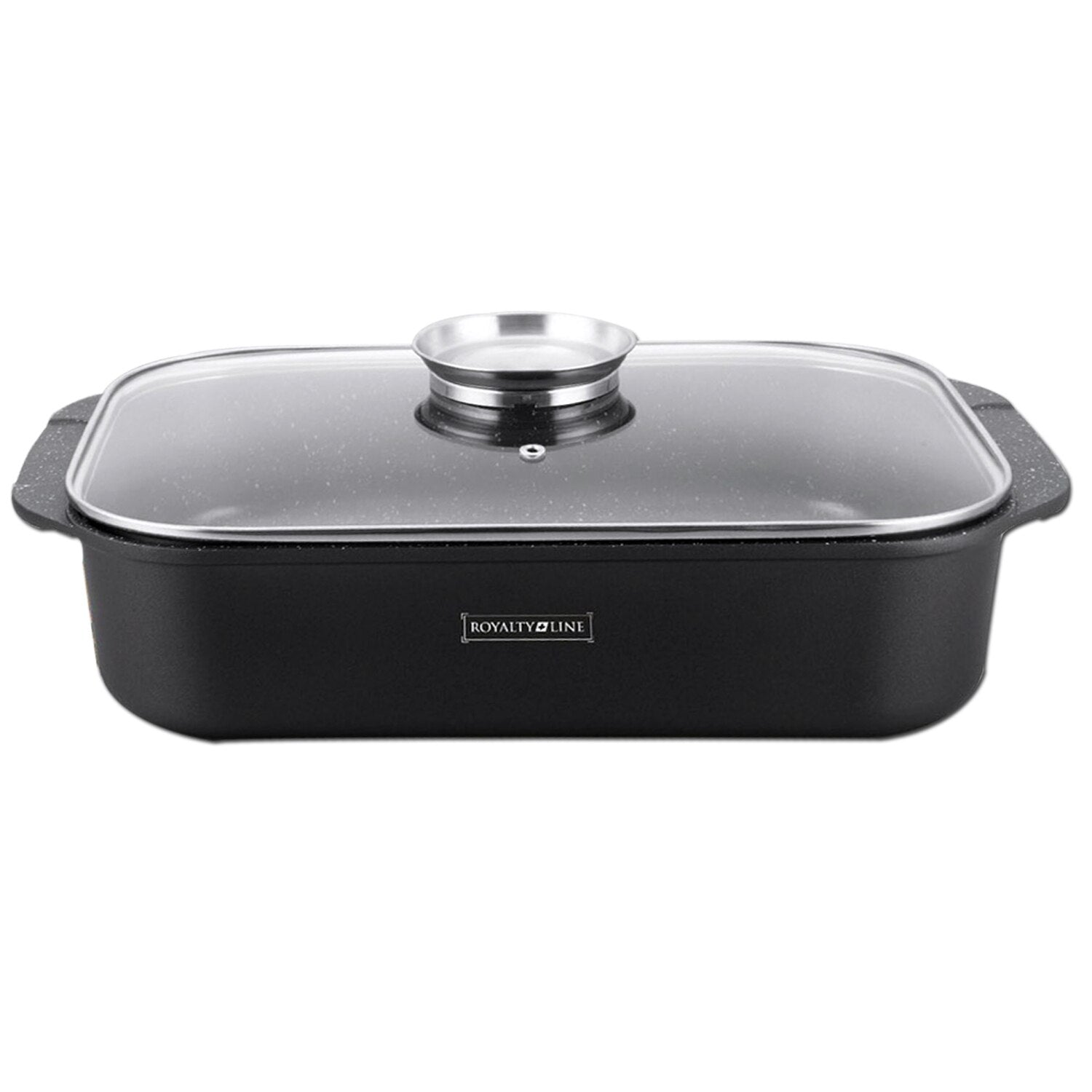 Tavă Cuptor și Plită, 34 cm, 6.5 L – Interior Marmorat Antiaderent, cu Capac din Sticlă Termorezistentă