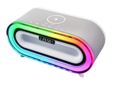 Boxă Portabilă Bluetooth cu Încărcător Wireless 15W, Lumină Ambientală RGB, Ceas Deșteptător, Radio FM și Zgomot Alb