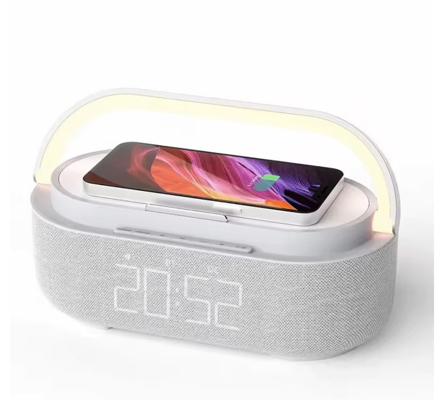Boxă Portabilă Bluetooth cu Încărcător Wireless, Radio FM, Wi-Fi, Ceas Deșteptător și Funcție Zgomot Alb, 15W
