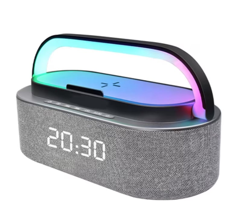 Boxă Portabilă Bluetooth cu Încărcător Wireless, Radio FM, Wi-Fi, Ceas Deșteptător și Funcție Zgomot Alb, 15W