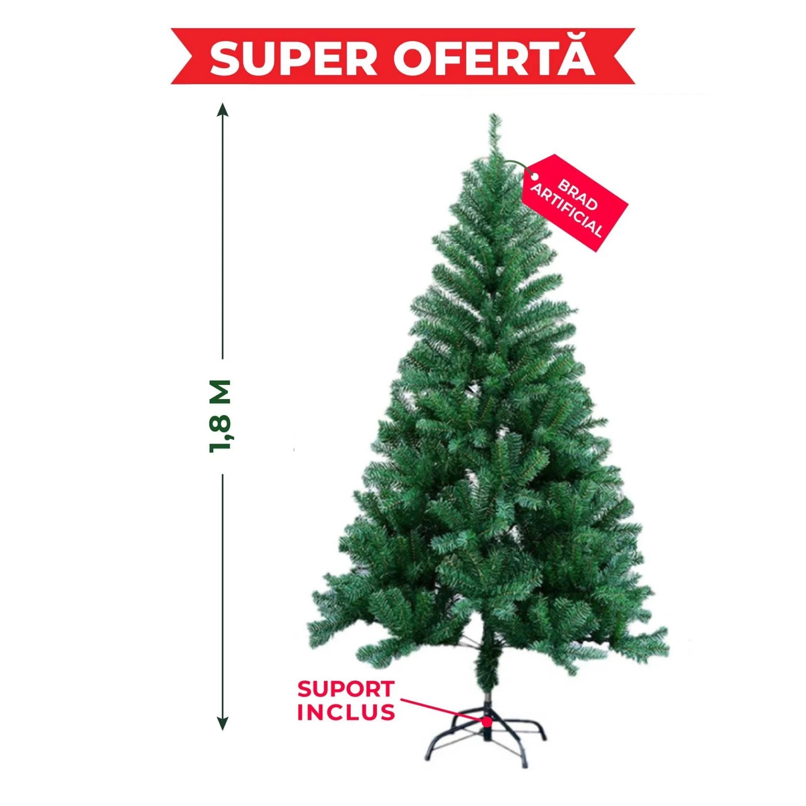 Brad Artificial 1.80 m, Aspect Natural, Ramuri Bogate, Ușor de Montat, Decor Crăciun pentru Interior