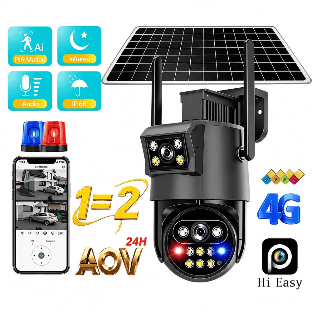 Cameră Supraveghere Solară 4G AOV, 2 Obiective, Monitorizare 24H, SIM, IP66, Card TF + Cloud