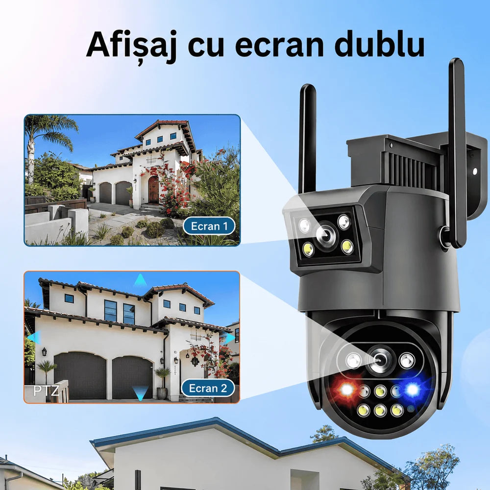 Cameră Supraveghere Solară 4G AOV, 2 Obiective, Monitorizare 24H, SIM, IP66, Card TF + Cloud