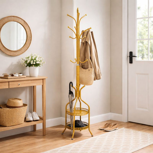 Cuier de Podea Metalic Auriu 34x189 cm cu Cârlige Multiple și 2 Rafturi Depozitare – Tip Hall Tree