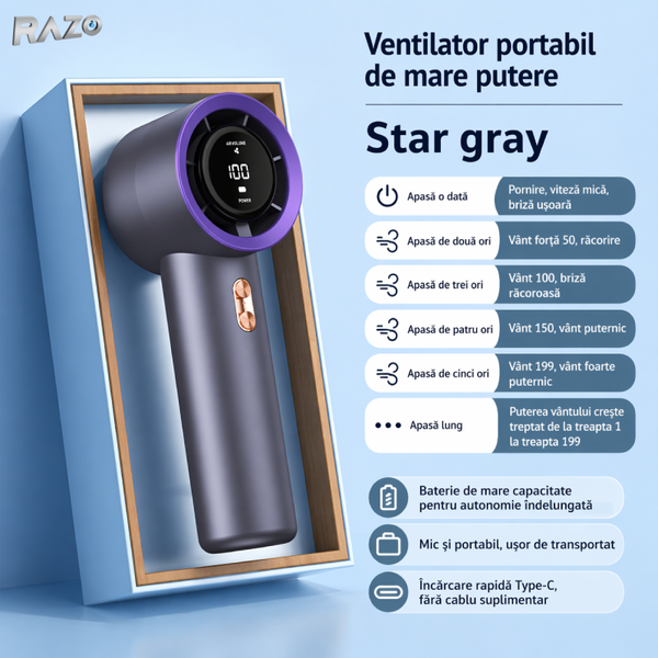 Ventilator Mini Turbo Portabil USB cu Display Digital, Reîncărcabil, 5W, 3 Trepte Viteză
