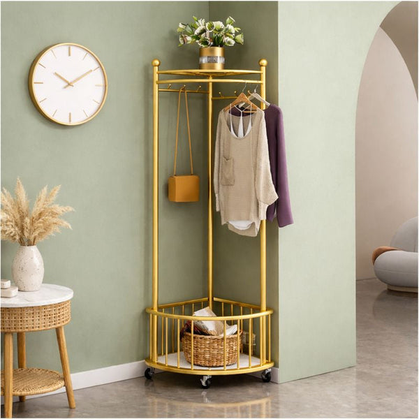 Cuier de Colț Multifuncțional Metalic Auriu cu Roți, 40x40x160 cm – Organizator Modern și Mobil pent