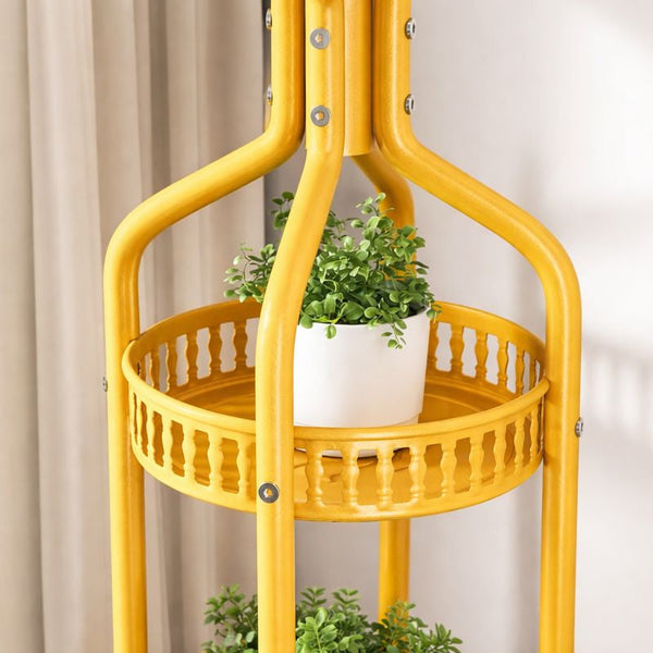 Cuier de Podea Metalic Auriu 34x189 cm cu Cârlige Multiple și 2 Rafturi Depozitare – Tip Hall Tree
