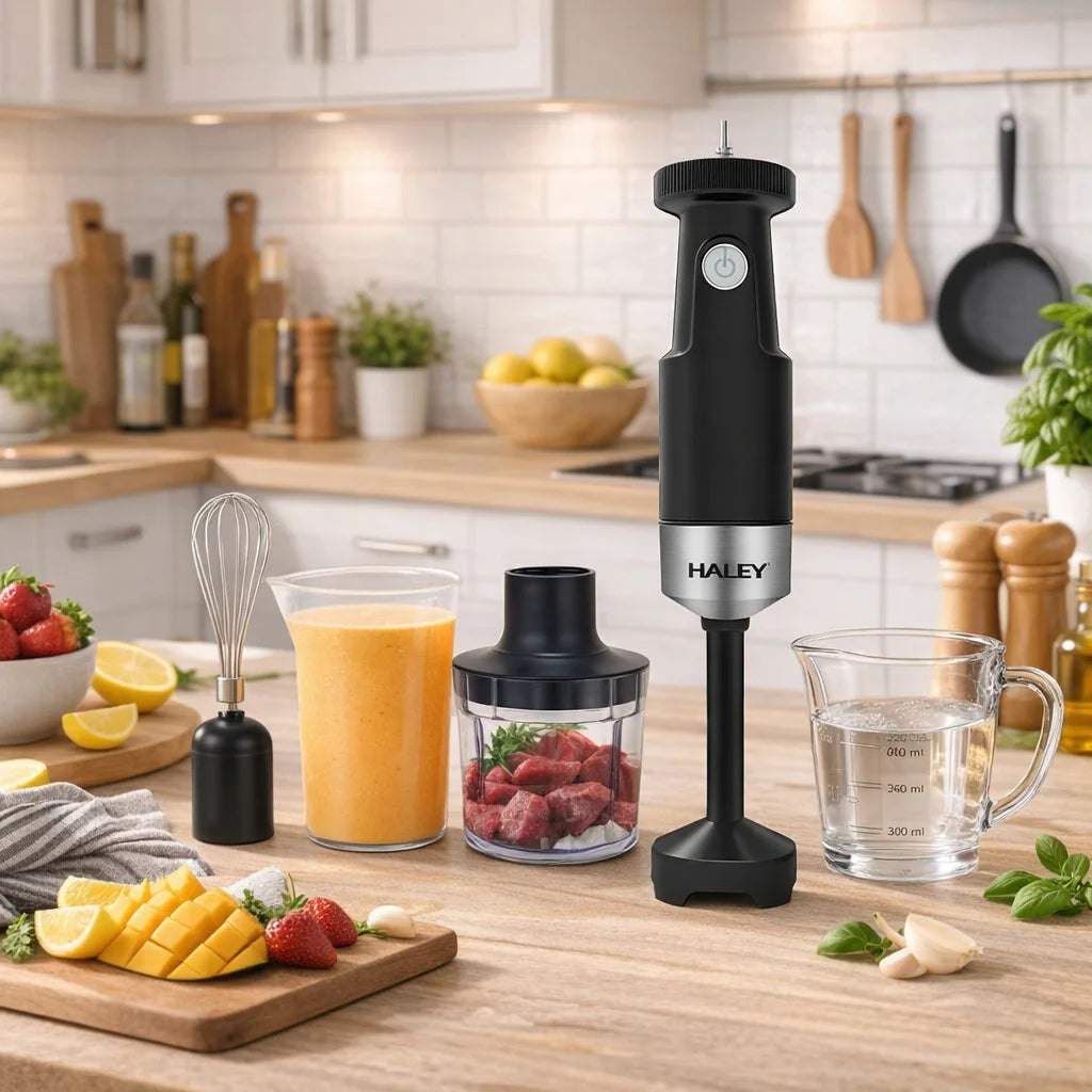 Blender de Mână HALEY HY-1132, 1200W, 4 în 1, cu Tocător, Tel și Pahar Gradat, Lame Inox, Puternic și Compact