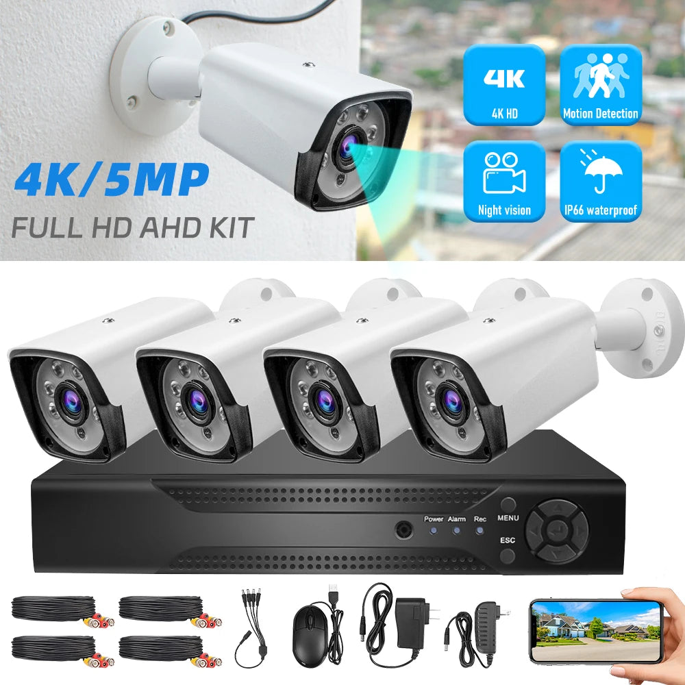 Sistem de Supraveghere CCTV 4K 5MP, DVR cu 4 camere FULL HD, Cablu 15m, Back-up USB/Internet