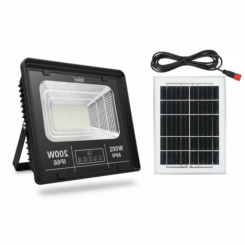 Proiector Solar Innova 200W cu Panou Fotovoltaic, Telecomandă, Indicator Baterie, IP66, 6500K, Autonomie până la 10h, Garantie 3 Ani