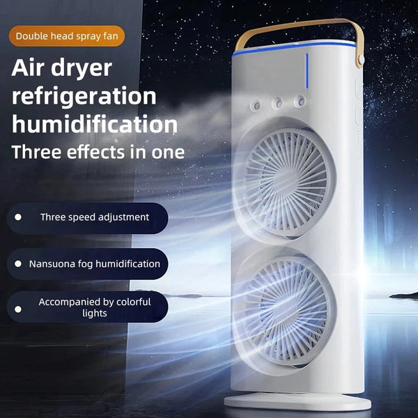 Ventilator turn cu dublu cap, pulverizare apă, telecomandă, 3 viteze, LED, portabil USB 2000mAh 
