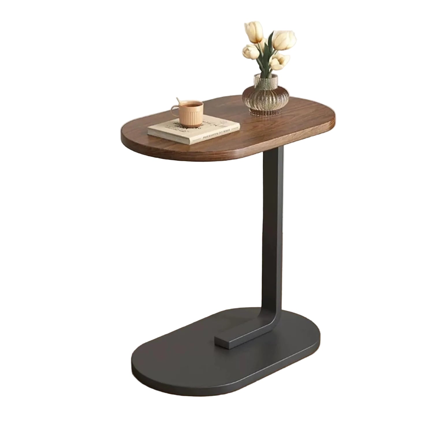 Măsuță Laterală Tip "C" pentru Canapea și Pat | Blat Nuc, Design Oval | Masă pentru Cafea, Laptop sau Gustări