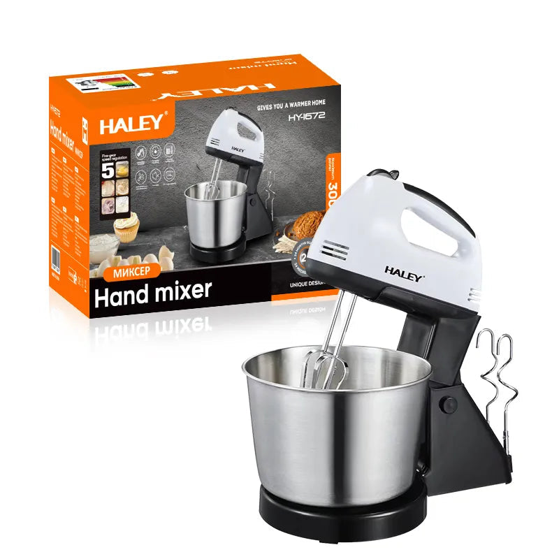 Mixer de Mână cu Bol HALEY HY-1672, 300W, 7 Viteze + Turbo, 2 în 1, Bol Inox, Teluri și Cârlige