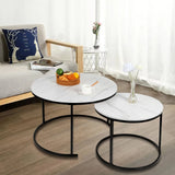 Set 2 Măsuțe Rotunde de Cafea cu Efect Marmură Alb/Negru , Ø70/50 cm, Blat MDF și Cadru Metalic – Design Modern