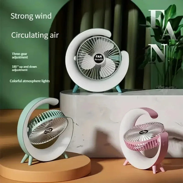 Ventilator electric de birou USB, silențios, LED ambiental, flux puternic aer, design modern compact