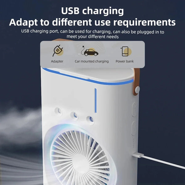 Ventilator turn cu dublu cap, pulverizare apă, telecomandă, 3 viteze, LED, portabil USB 2000mAh 