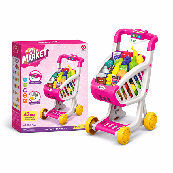 Cărucior Cumpărături Copii „Play With Market”, 42 Piese, Lumini și Sunete, Jucărie Interactivă 3+