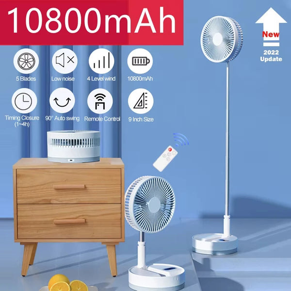 Ventilator pliabil cu telecomandă 10800mAh USB, 4 viteze, silențios, LED, portabil birou și camping