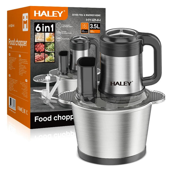 Tocător Electric Haley HY-1244 1200W, Vas Inox 3.5L – 6 în 1, Multifuncțional, Lame Duble