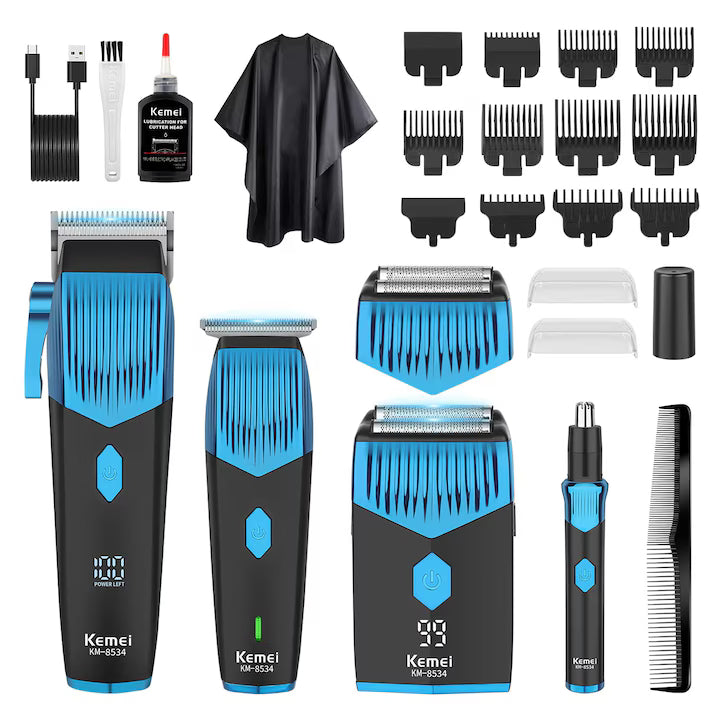 Set Aparat de Tuns 4 în 1 Kemei - 8534 pentru Bărbați, Mașină de Tuns, Aparat de Ras, Trimmer Nas și Urechi, Fără Fir