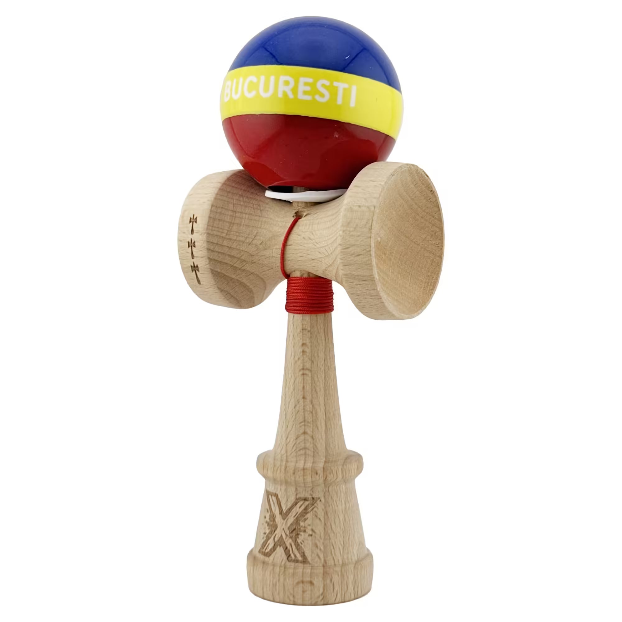 Kendama Profesională Tricolor Edition București – Super Sticky, Lemn Natural 18 cm, Gaura în Bază | Ediție Limitată