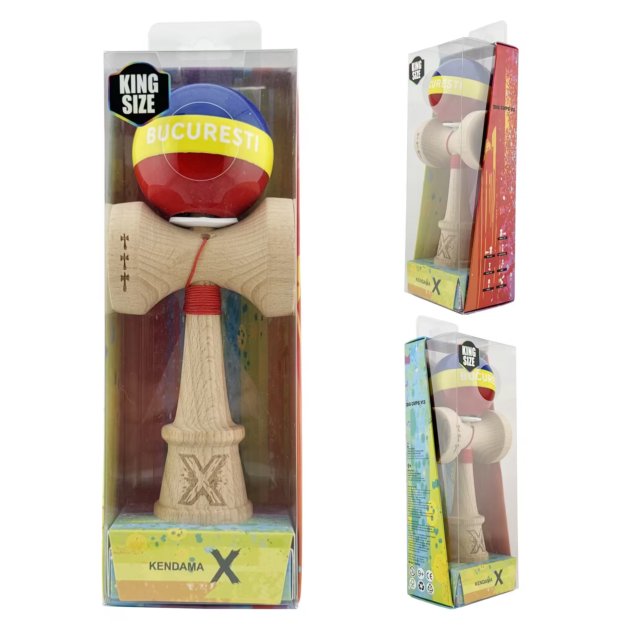 Kendama Profesională Tricolor Edition București – Super Sticky, Lemn Natural 18 cm, Gaura în Bază | Ediție Limitată