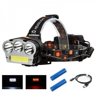 Lanternă Frontală LED Reîncărcabilă cu 2 Acumulatori și 7 Moduri de Iluminare, cu Lumină Roșie
