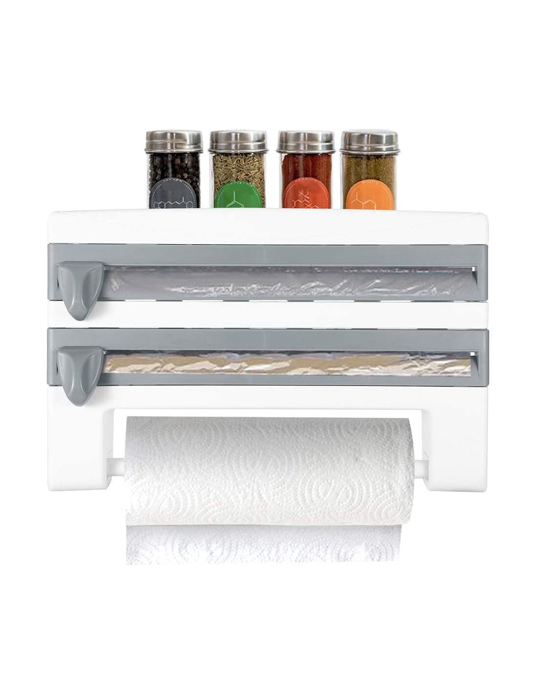 Dispenser Triplu de Bucătărie pentru Hârtie, Folie de Aluminiu și Folie Stretch – Suport Multifuncțional