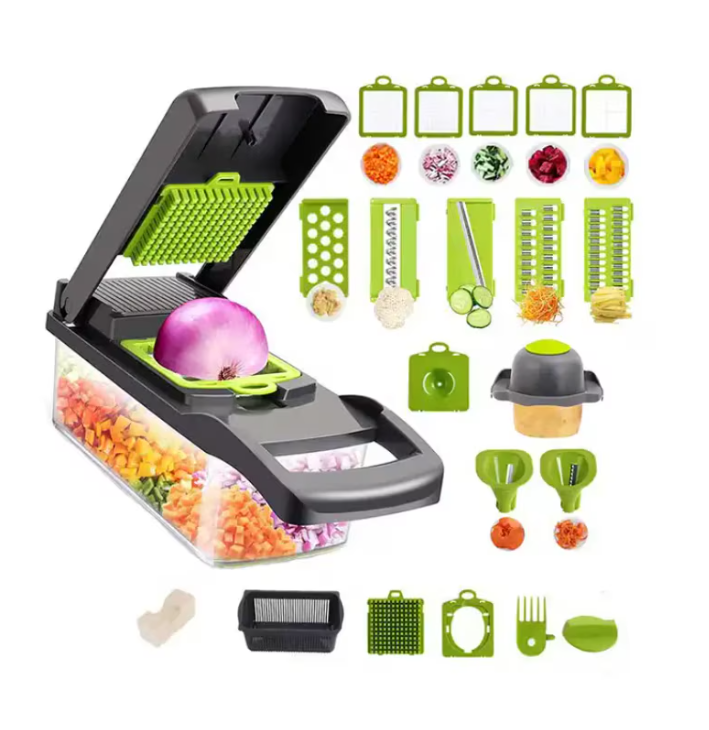 Răzătoare Multifuncțională 8 în 1 cu Feliator de Legume, Tocător Manual, Lame din Inox, Coș de Scurgere și Separator de Ouă