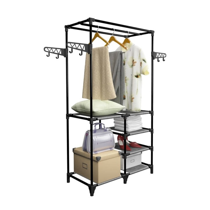 Stand pentru Haine și Pantofi, Cadru Metalic, 4 Rafturi Textile, Cârlige Laterale