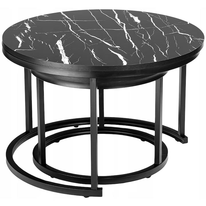 Set 2 Măsuțe Rotunde de Cafea cu Efect Marmură Alb/Negru , Ø70/50 cm, Blat MDF și Cadru Metalic – Design Modern
